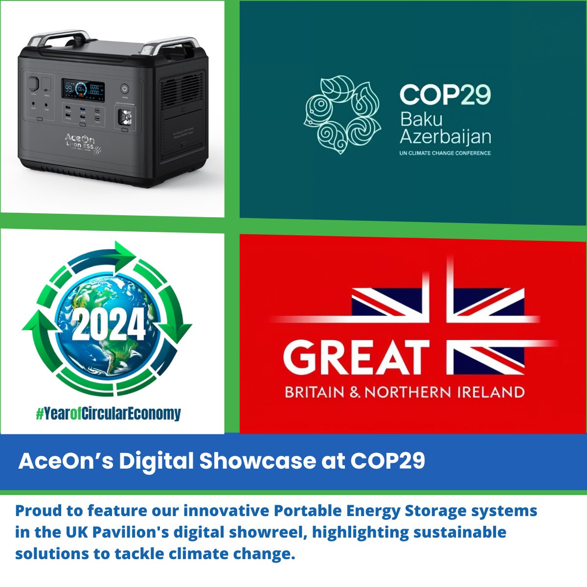 AceOn_Group's tweet photo. 🌍 AceOn is being featured in the UK Pavilion’s digital showcase at COP29!

Our showreel highlights how second-life EV batteries in Portable Energy Storage (PES) systems are reducing CO2 and replacing fossil fuel generators. 🌱

#COP29 #SustainableEnergy #UKatCOP29 #UKInnovation https://t.co/I0dsHlMlFb