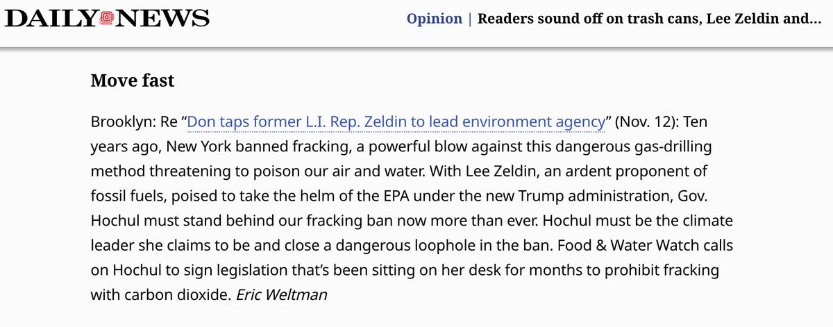 EricWeltman's tweet image. Message from @foodandwater&apos;s @EricWeltman to @GovKathyHochul in today&apos;s @NYDailyNews:

Be the #ClimateLeader you claim to be and sign legislation to ban fracking with carbon dioxide.

#BanFrackingNow #OffFossilFuels #ClimateEmergency #ClimateLeadership