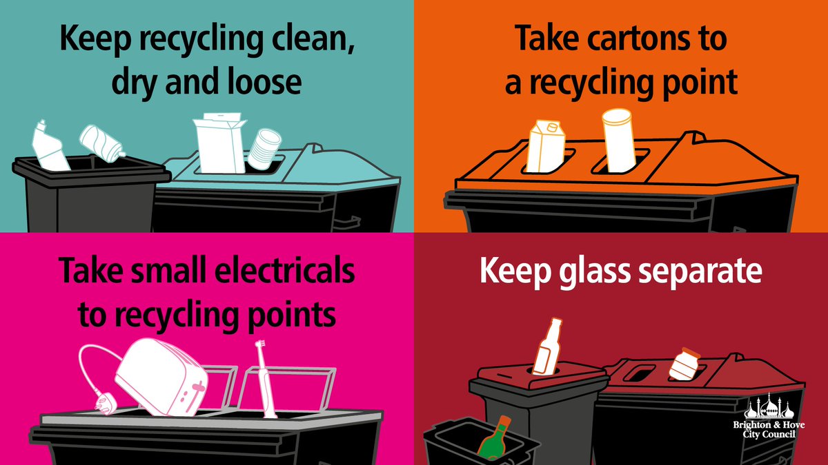 Recycle right!
💙 Tins, aerosols, card &amp; plastic bottles - mixed recycling 
🩷 Irons, toasters, kettles &amp; small electricals - pink bins at recycling points 
🧡 Cartons, crisp tubes &amp; gravy tubs - orange bins at recycling points
❤️ Glass - burgundy bins or doorstep black boxes