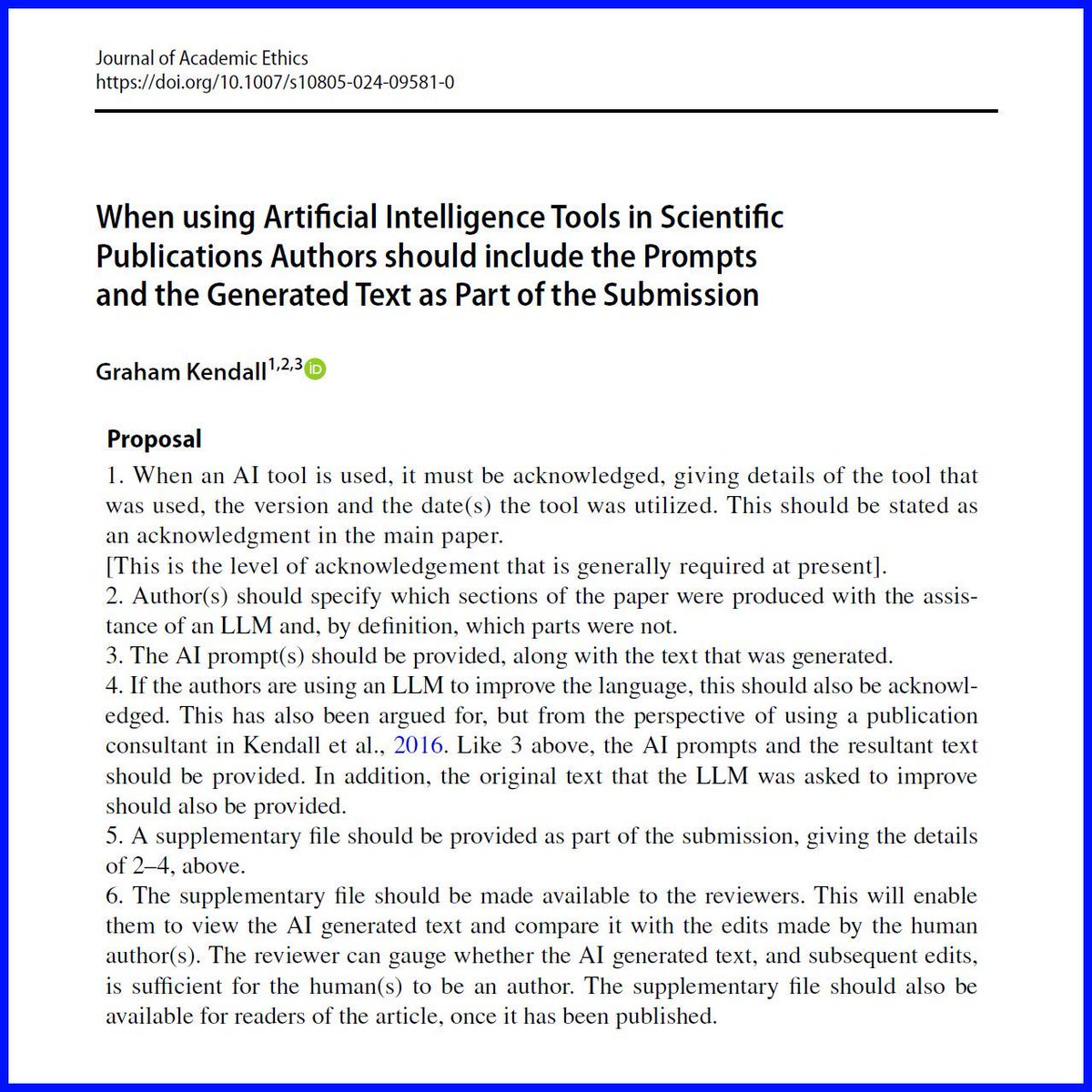 fake_journals's tweet photo. In a recent article I have just had published I propsed that if you use a large languge model you should supply the prompts and the generated text in a supplementary file as part of the submission.

Here is the proposal I put forward.

You can access the article at https://t.co/sFC5m73N7Z