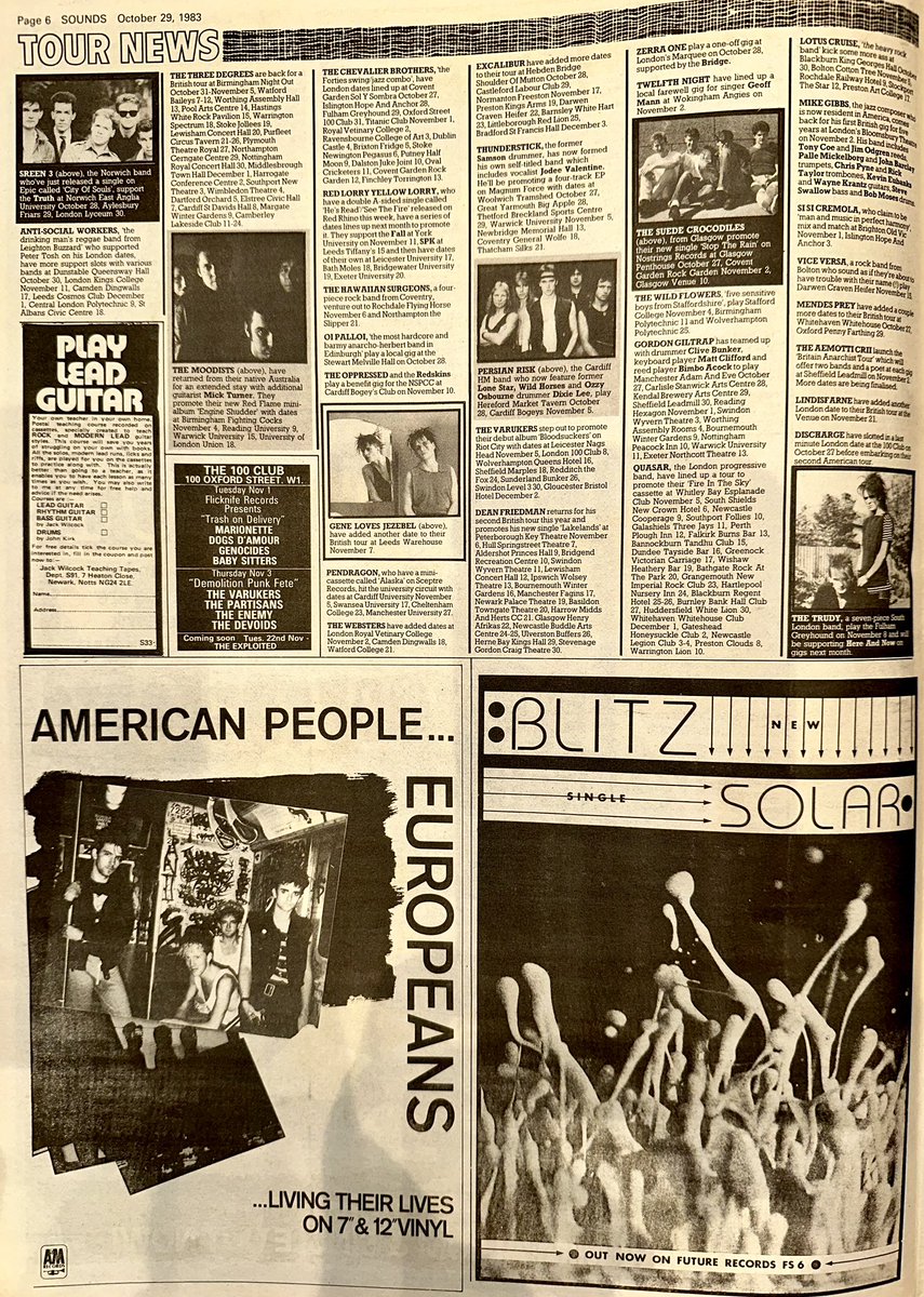 ZoundsAbound's tweet photo. A round up of this week’s Record & Tour News features information on @MadnessNews #TheRoom, #KitHain, @JimiHendrix @MarcBolan1977 #Yello, #DollyMixture #TheMeteors @RedGuitars @QTangerineDream #TheMoodists @DeanFriedman #TheTrudy & #TheSuedeCrocodiles
Sounds Oct 29th 1983 https://t.co/1bYuZGYQhE
