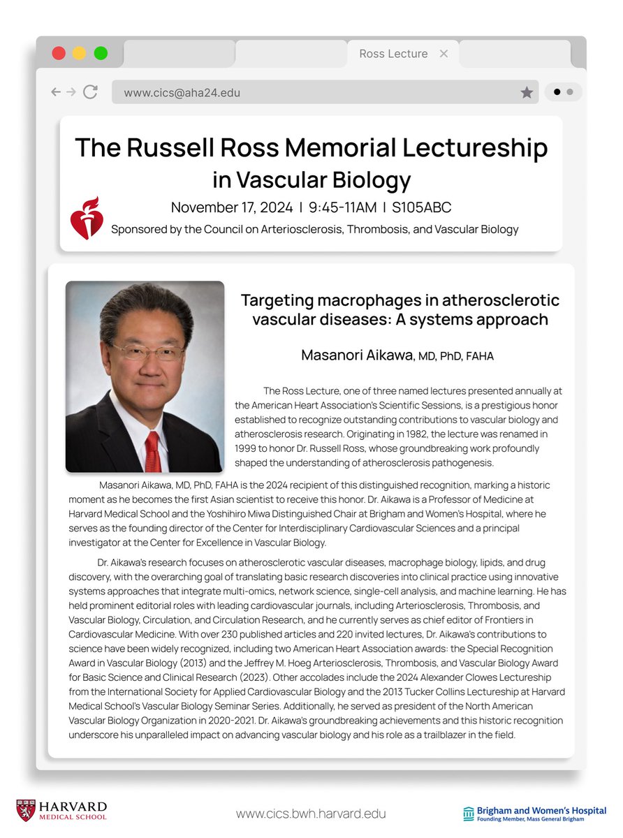 Brigham and Women’s CICS (@cicsnews) on Twitter photo Thrilled to congratulate our Director, <a href="/aikawa_masanori/">Masanori Aikawa</a> for receiving the prestigious Russell Ross Memorial Lectureship at #AHA24! His visionary work advances the legacy of Dr. Ross, transforming atherosclerosis and vascular biology research.
<a href="/harvardmed/">Harvard Medical School</a> <a href="/bwhcvls/">Brigham and Women’s Cardiovascular Life Science</a> <a href="/BrighamWomens/">Brigham and Women's Hospital</a> Thrilled to congratulate our Director, <a href="/aikawa_masanori/">Masanori Aikawa</a> for receiving the prestigious Russell Ross Memorial Lectureship at #AHA24! His visionary work advances the legacy of Dr. Ross, transforming atherosclerosis and vascular biology research.
<a href="/harvardmed/">Harvard Medical School</a> <a href="/bwhcvls/">Brigham and Women’s Cardiovascular Life Science</a> <a href="/BrighamWomens/">Brigham and Women's Hospital</a>