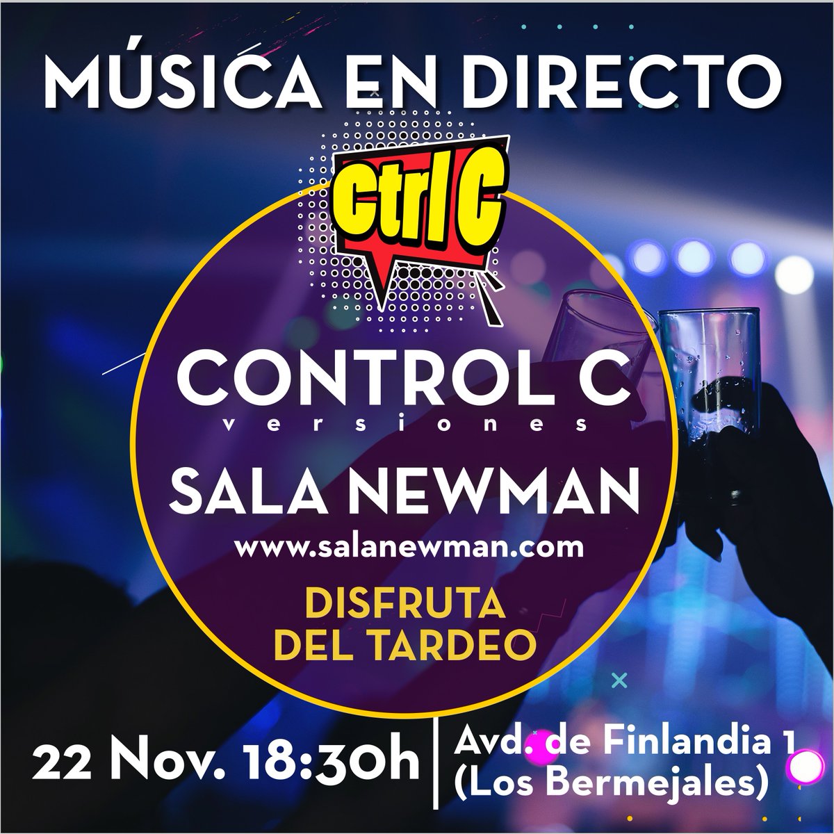 Este viernes 22 de Noviembre, inaugurando la temporada de "Tardeo" en la Sala Newman, música en directo, versiones con CONTROL C.