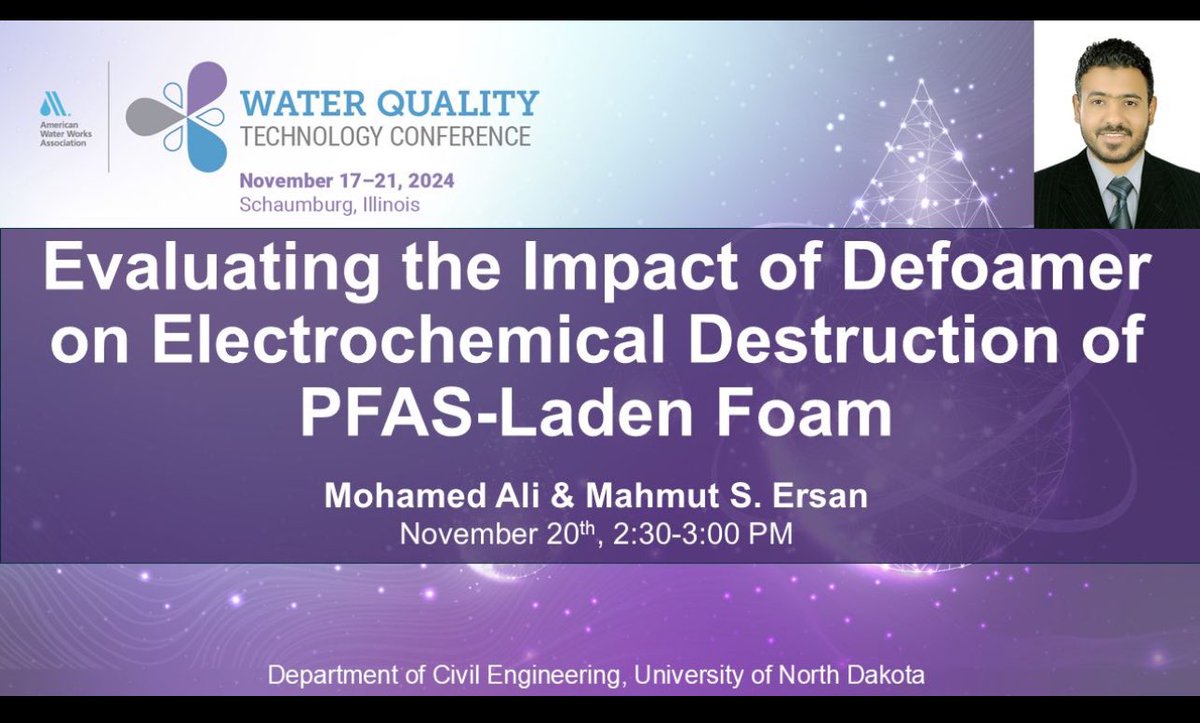 PFAS folks! Are you curious about how to kill and destroy PFAS-laden foam using electrocatalytic treatment? If so, join us for my student Mohamed S. G. Ali's talk at Water Quality and Technology Conference, 
#WQTC24! #UNDproud