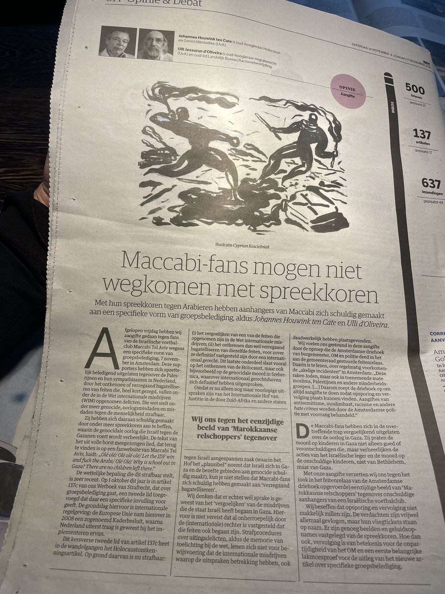 Oud UvA-hoogleraren Johannes Houwink ten Cate en Ulli Jessurun d’Oliveira doen aangifte tegen supporters Maccabi Tel Aviv wegens spreekkoren.