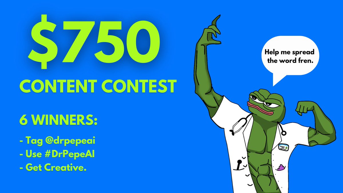 Attention content creators🐸

Want to live forever with #DrPepeAI?

Join the content contest for immortality and get rewarded for spreading the word!

$750 prize pool for 6 winners.

The most creative frens take home cash 💵

ANY content counts.

→ Threads
→ Videos
→