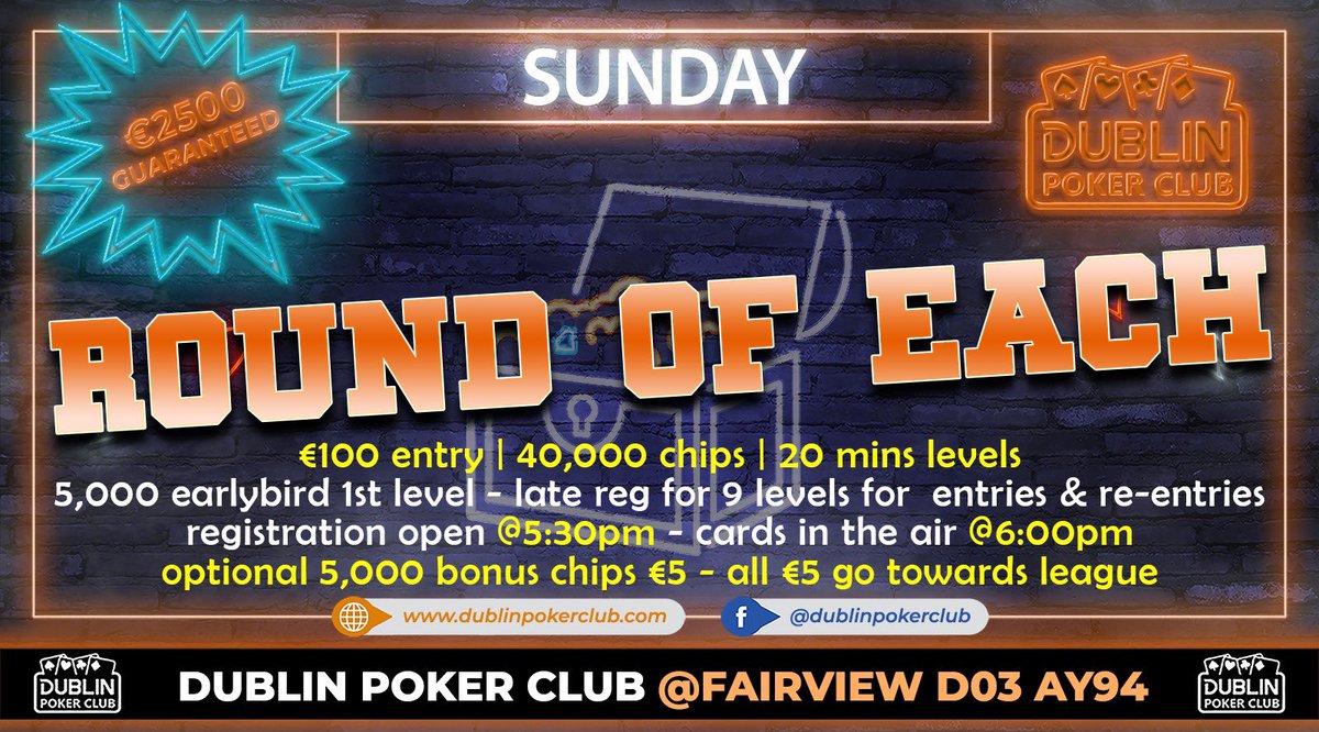 dublinpokerclub's tweet photo. “Round Of Each” is the name of the game and it’s the first outing for this format at the club, it’s the ideal opportunity to perfect your skill in both Hold’em and Omaha while playing for a GUARANTEED PRIZEPOOL of €2,500.

Reg is open from 5:30pm with cards in the air at 6:00pm https://t.co/tB6trJN5tp
