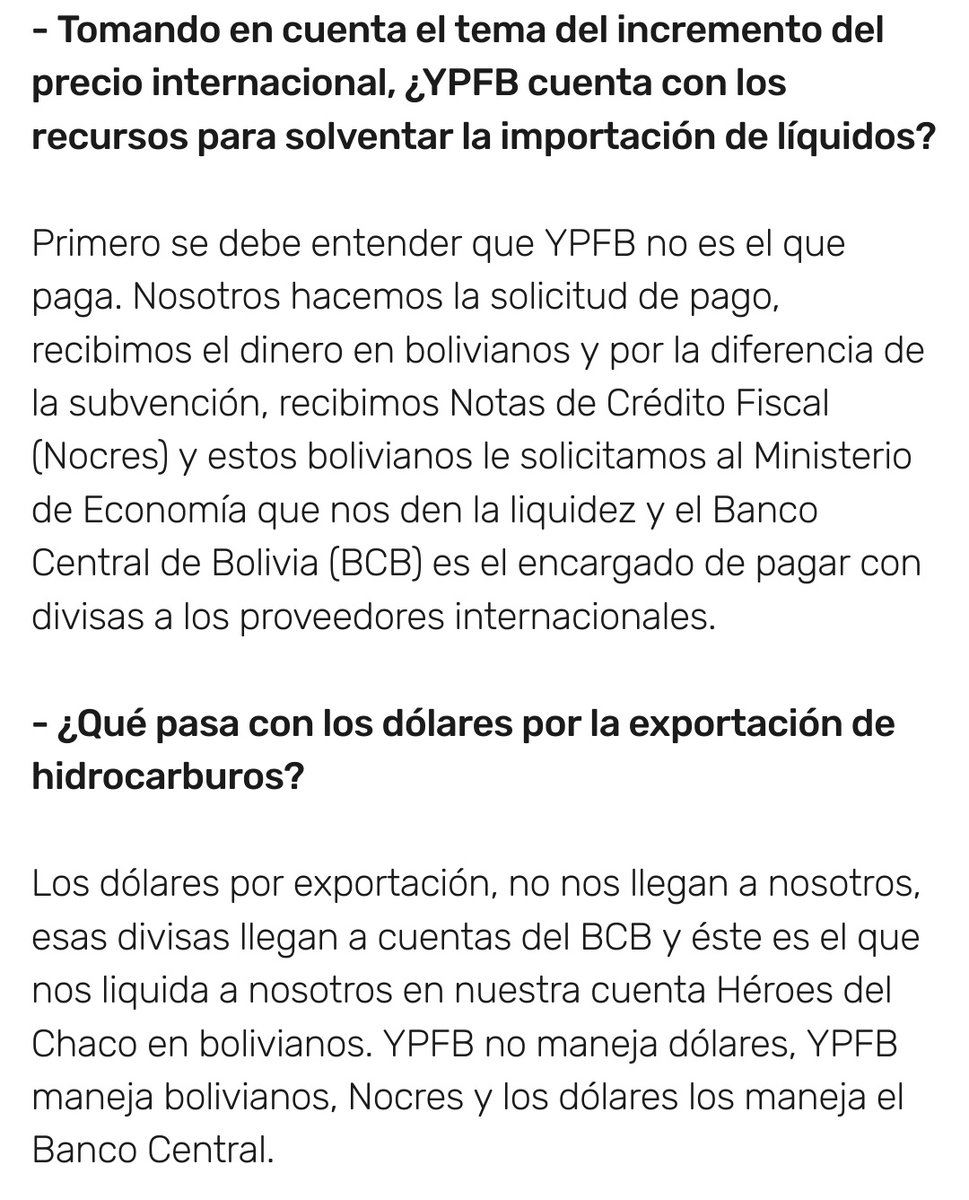 El principal problema de la escasez de combustibles es que no hay dólares para su importación.

Aunque la subvención es secundaria, ya que se paga en bolivianos, tiene un impacto indirecto, la devaluación del boliviano fomenta el contrabando de combustibles hacia Perú y Brasil.