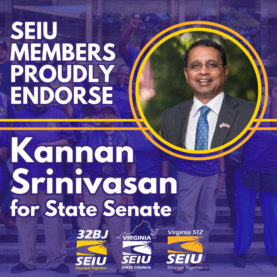 The frontline members of <a href="/SEIU/">SEIU</a> are proud to endorse <a href="/Kannanforva/">Senator Kannan Srinivasan</a> for State Senate because of his proven track record of fighting for the right of all working people to join a union and bargain for a better future. Let’s go! #VoteJan7 #UnionsForAll