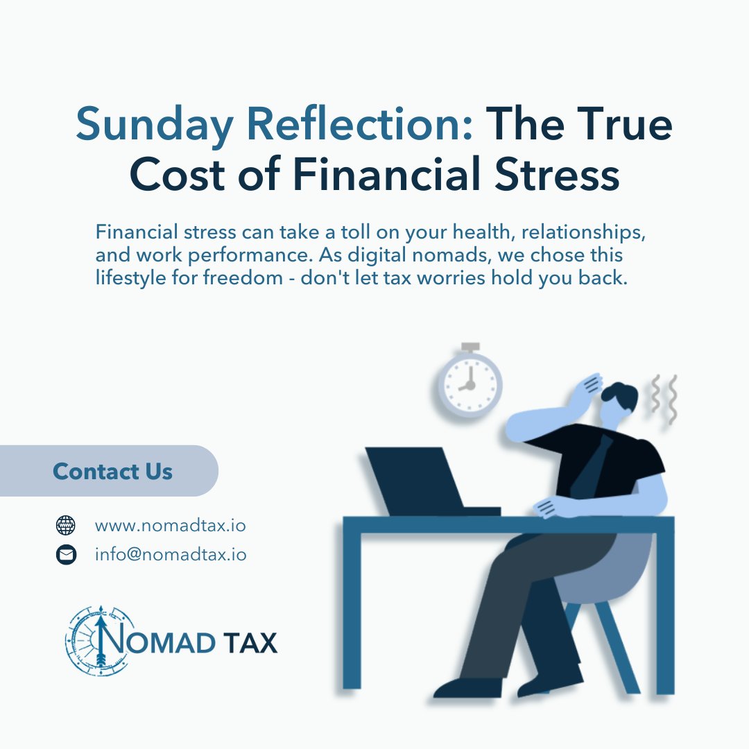 Take a moment today to reflect on your financial well-being. Are tax concerns keeping you up? It doesn’t have to be that way. Nomad Tax brings peace of mind to digital nomads with expert tax planning. Let’s end financial stress. #SundayReflection #FinancialWellness #NomadLife