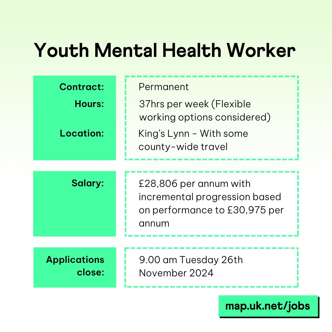 This role involves delivering one to one psycho-educational, behavioural, non-directive therapeutic interventions and guided self-help (with some potential for assisting with group work).

Find out more at our website: map.uk.net/jobs