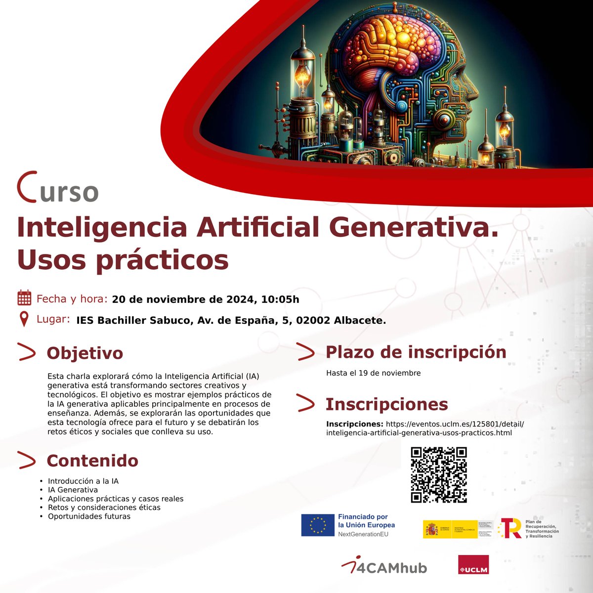 Universidad de Castilla-La Mancha (@uclm_es) on Twitter photo Curso gratuito sobre Inteligencia Artificial Generativa, el 20 de noviembre en el IES Bachiller Sabuco, de Albacete. Iniciativa del proyecto #i4CAMhub, EDIH red <a href="/edih_net/">European Digital Innovation Hubs Network</a>.
Financiado por #NextGenerationEU #PlanDeRecuperación <a href="/_minecogob/">Economía, Comercio y Empresa</a>
Inscripciones: eventos.uclm.es/125801/detail/… Curso gratuito sobre Inteligencia Artificial Generativa, el 20 de noviembre en el IES Bachiller Sabuco, de Albacete. Iniciativa del proyecto #i4CAMhub, EDIH red <a href="/edih_net/">European Digital Innovation Hubs Network</a>.
Financiado por #NextGenerationEU #PlanDeRecuperación <a href="/_minecogob/">Economía, Comercio y Empresa</a>
Inscripciones: eventos.uclm.es/125801/detail/…