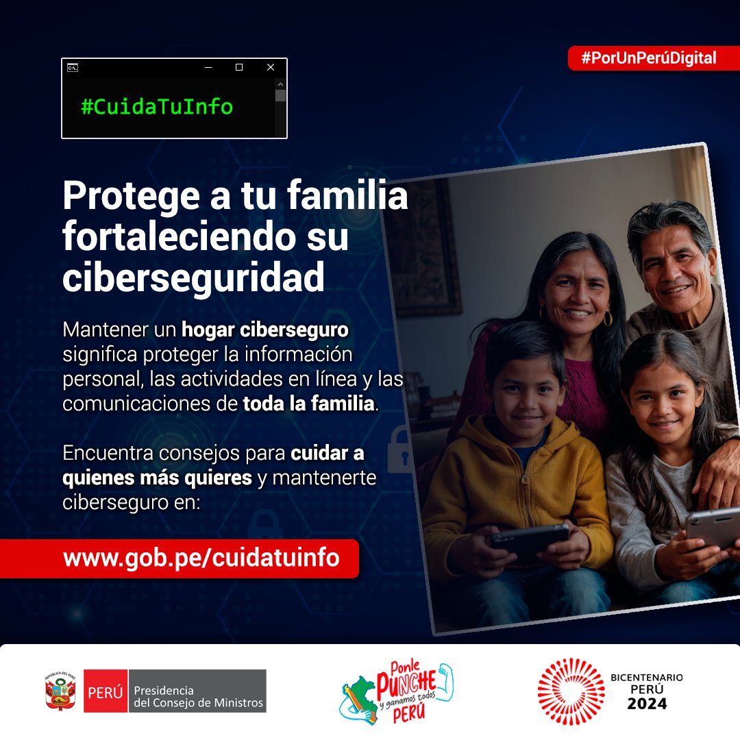 PeruPaisDigital's tweet photo. 🛡️Mantener a tu familia segura en el entorno digital requiere proteger la información personal, las actividades en línea y las comunicaciones de todos.
🔎 Conoce cómo hacerlo en https://t.co/DqVQwu1Vxd.
¡#CuidaTuInfo!
#Ciberseguridad #PNTD https://t.co/16DhVLnky1