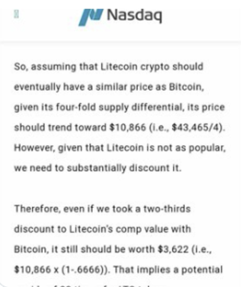 With #Bitcoin over 85 k 
Nasdaq also thinks a conservative fair valuation for #Litecoin is well over 7 K

$LTC is the most undervalued Tech/Asset on Planet right now

#BTC probably won't 10-100 x this year, but $LTC very well could