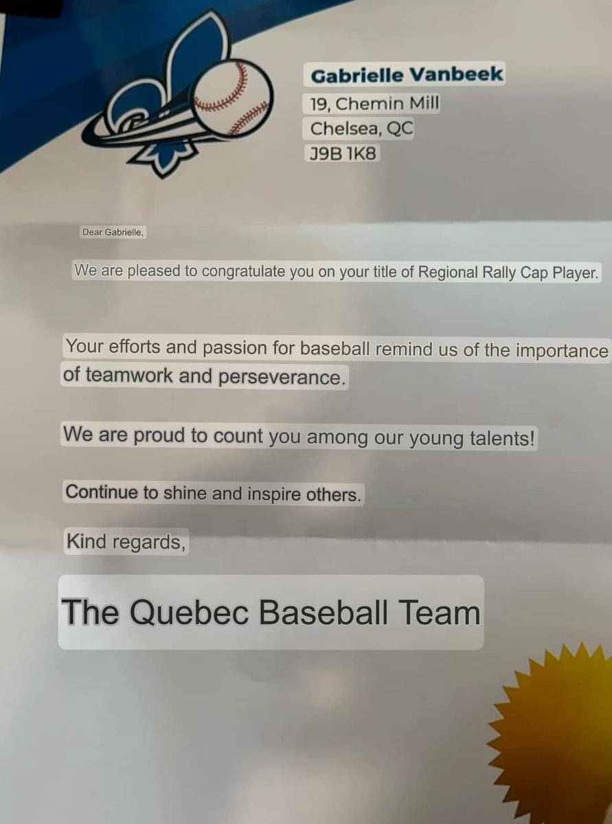BaseballChelsea's tweet image. Félicitations à Gabrielle VanBeek de Chelsea, qui reçoit le Méritas régional 2024 comme joueuse Rallye Cap!

Congratulations to Chelsea's Gabrielle VanBeek, who has been named as the 2024 Regional Rally Cap Player.