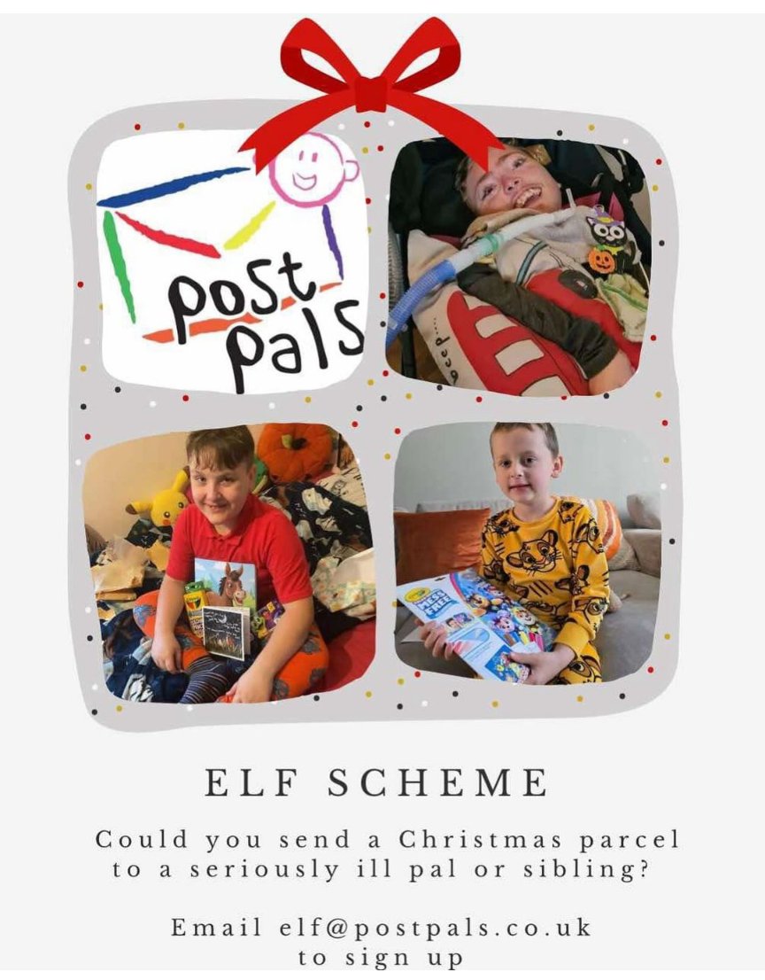 postpals's tweet image. Every year, we run an Elf project for seriously ill children. Each child is matched with a volunteer who sends Christmas gifts (guide price £15), spreading joy during a challenging time.

This year, we’re 40 volunteers short.

Sign up to volunteer by emailing elf@postpals.co.uk