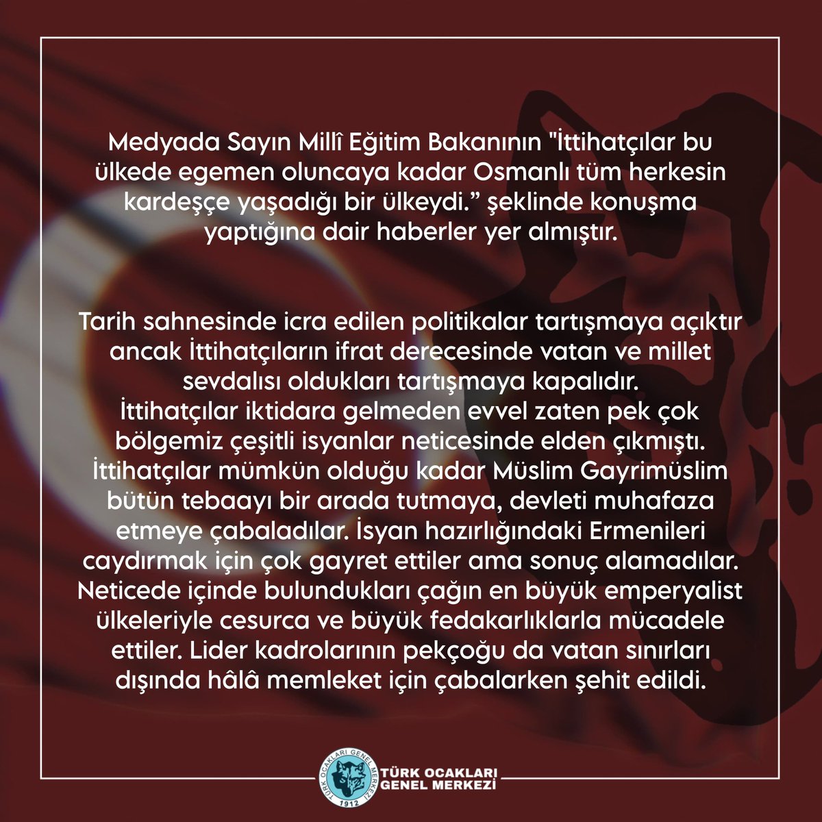 ❗️Medyada Sayın Millî Eğitim Bakanının "İttihatçılar bu ülkede egemen oluncaya kadar Osmanlı tüm herkesin kardeşçe yaşadığı bir ülkeydi.” şeklinde konuşma yaptığına dair haberler yer almıştır. 

🔻Öncesini saymazsak dahi 19. yüzyıldan itibaren Mora İsyanı’nda katledilen