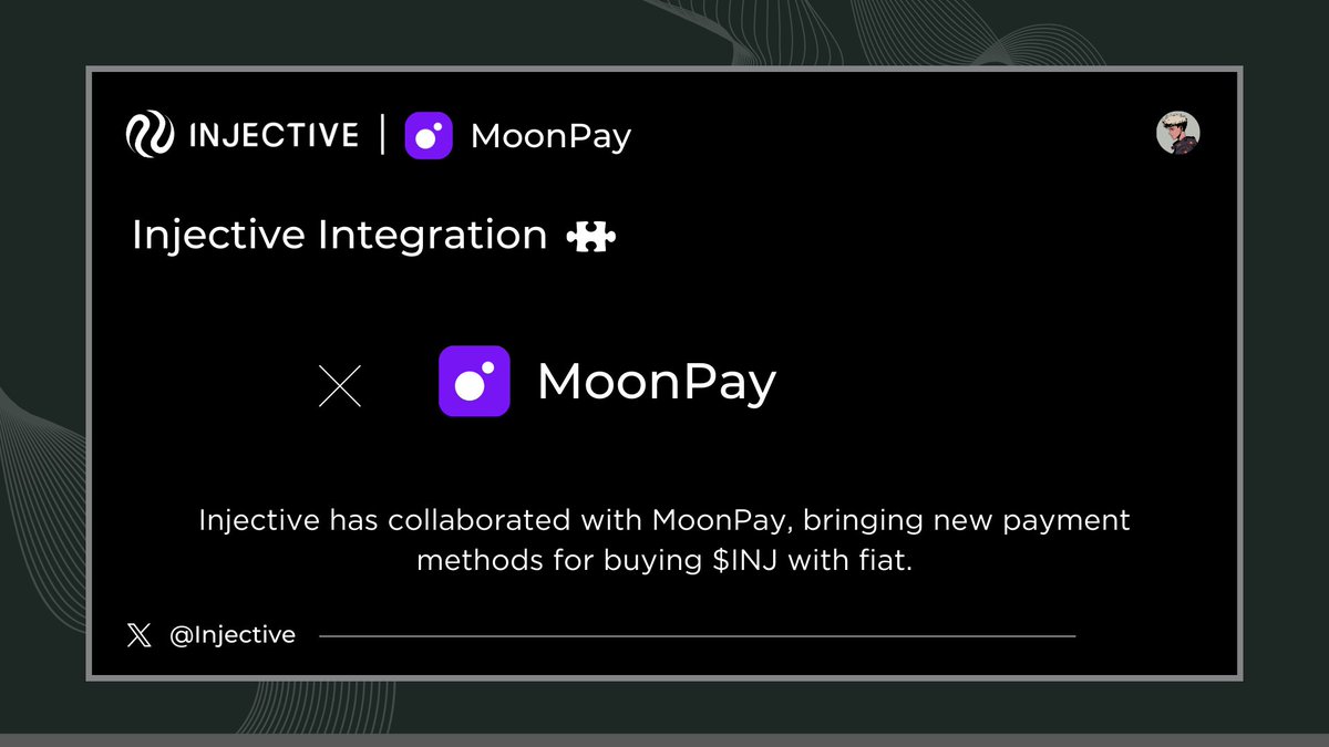 Injective x MoonPay Integration: 🧩

@Injective has partnered with @MoonPay to introduce new payment methods for purchasing $INJ with fiat!

Users can now buy $INJ using various major payment methods, including:

• Debit, credit cards
• Apple Pay &amp; GPay
• PayPal
• Bank trnsfr