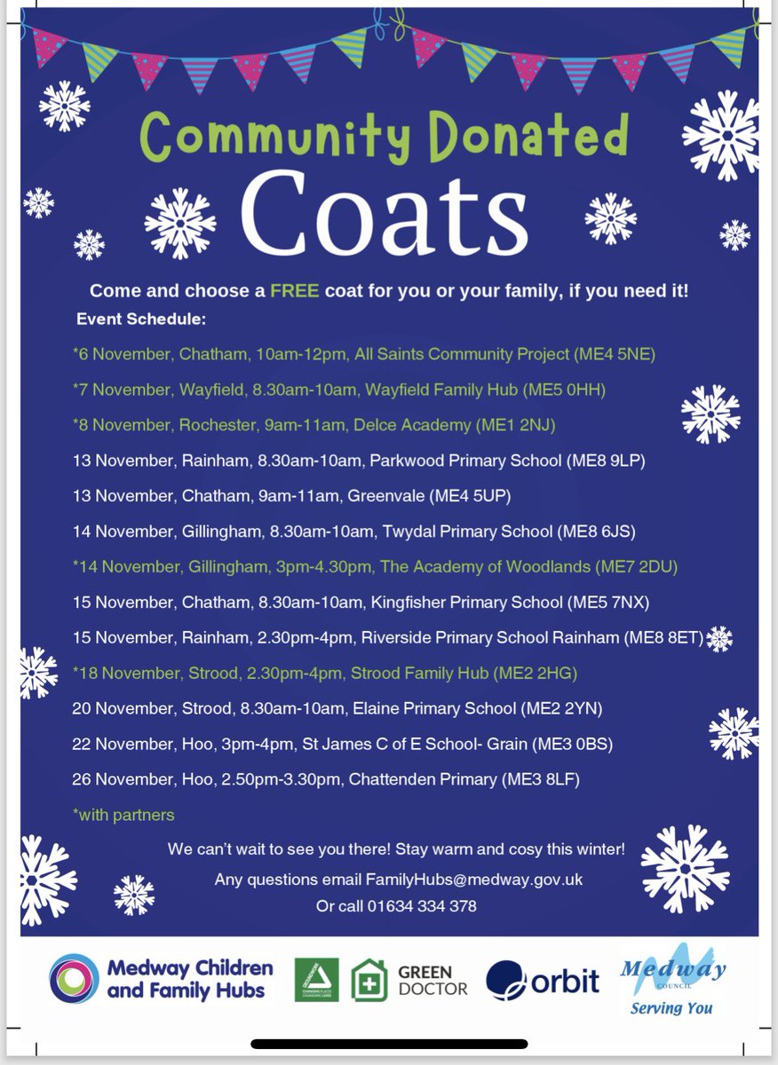 THBMedway's tweet photo. Please spread the word &amp; encourage others to join the Strood Family Hub (other pop up locations too) for a coat giveaway for those in need of warm clothing this winter. Thanks to our amazing community's generous donations, they have lots of coats for all the family. 💛🧥 https://t.co/LFg1fVJ9uj