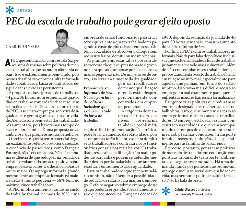 Minha coluna de hoje no Globo sobre a PEC da escala 6x1. Ela pode gerar efeitos opostos aos desejados.

oglobo.globo.com/opiniao/artigo…