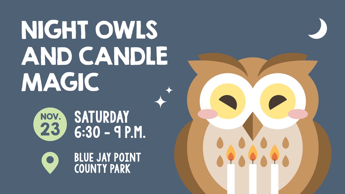 WakeGovParks's tweet photo. Mark your calendars for #BlueJayPoint's Night Owls & Candle Magic on Saturday, November 23 from 6:30-9 p.m.
Bring the night owls in your family to experience the magic of a luminaria-lined trail and learn about the late fall activities of local owls.
https://t.co/SGkO8YbRjE https://t.co/KTCmfxe7yH