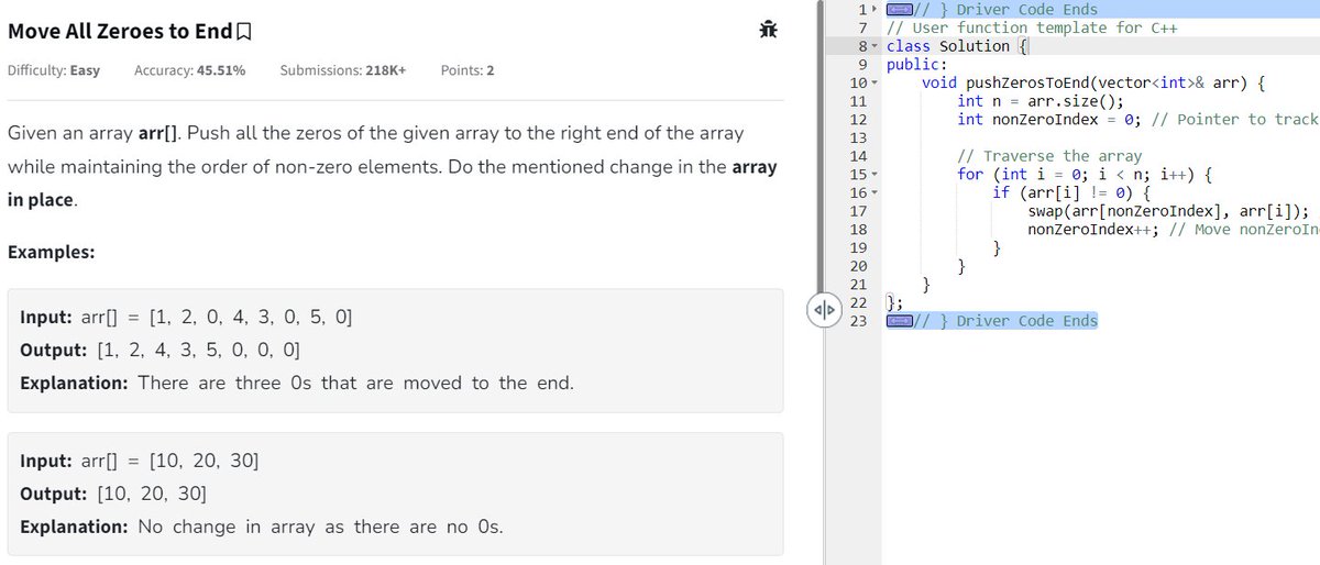 devoted_techie's tweet image. 🚀 Day 1/80 of #geekstreak2024! 🎯
Solved:
1️⃣ Second Largest Element: Found efficiently in O(n).
2️⃣ Move All Zeroes to End: Used two-pointer technique for in-place shifting.
Consistency is key—excited for this coding journey! 💪
Tagging: @GeeksforGeeks #gfg160 #CodingChallenge