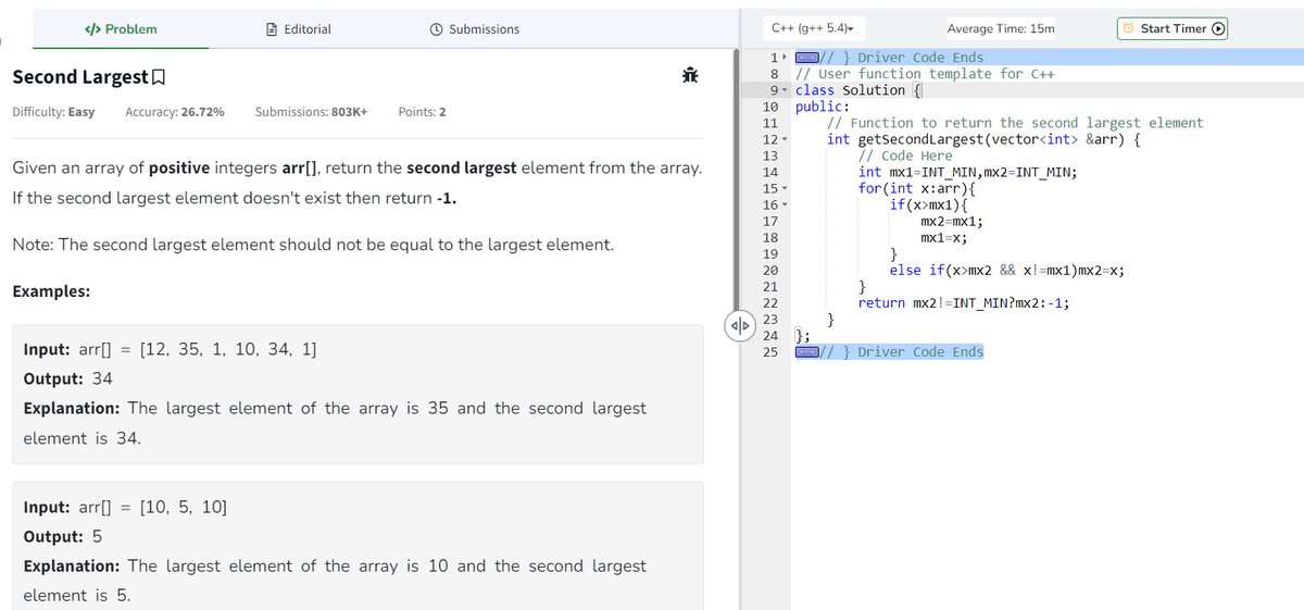 devoted_techie's tweet image. 🚀 Day 1/80 of #geekstreak2024! 🎯
Solved:
1️⃣ Second Largest Element: Found efficiently in O(n).
2️⃣ Move All Zeroes to End: Used two-pointer technique for in-place shifting.
Consistency is key—excited for this coding journey! 💪
Tagging: @GeeksforGeeks #gfg160 #CodingChallenge