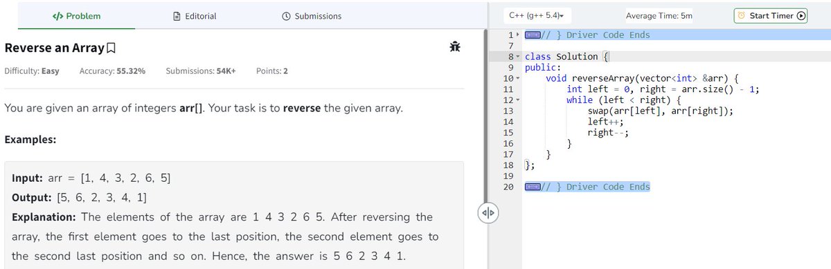 devoted_techie's tweet image. 🚀 Day 2/80 of #geekstreak2024! 🎯
Problem: Reverse an Array
💡 Solved using the two-pointer technique with O(n) time and O(1) space. Efficient and clean!
Keeping the streak alive! 💪
Tagging: @GeeksforGeeks #gfg160 #CodingChallenge
