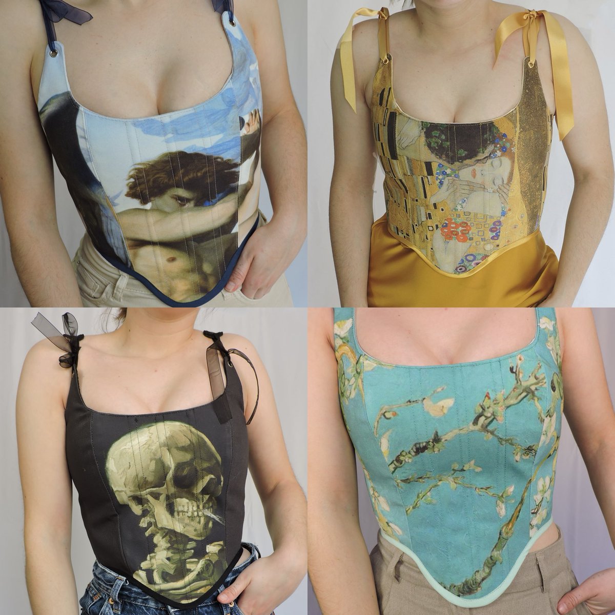 ¡Ya son 10 los modelos de corsets de arte que hay en mi tiendica! 🖼️ Los últimos han sido el aquelarre de Goya y Ofelia, ¿qué os parecen? Yo misma los hago y si os ha gustado os agradecería un montón un RT para que todo el mundo conozca estas piezas, muchas gracias 😻