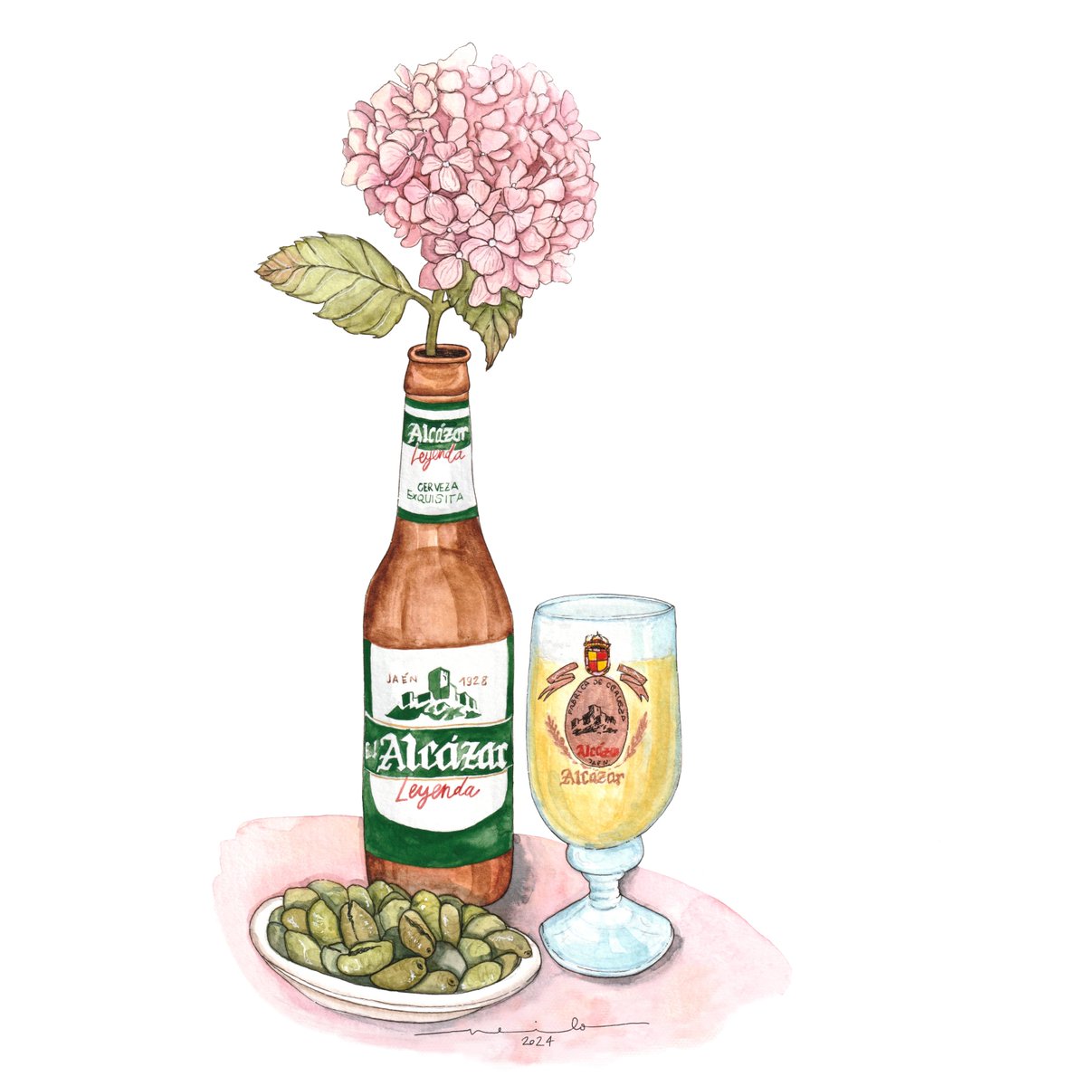 "Bodegón con hortensias, aceitunas de cornezuelo y cerveza Alcázar."

Esta es la ilustración que protagonizó las minutas de la boda de Celia &amp; Mario.

Muy nuestra, muy de Jaén.

#laNeilo #alcazar #aceitunasSi #olivasNo