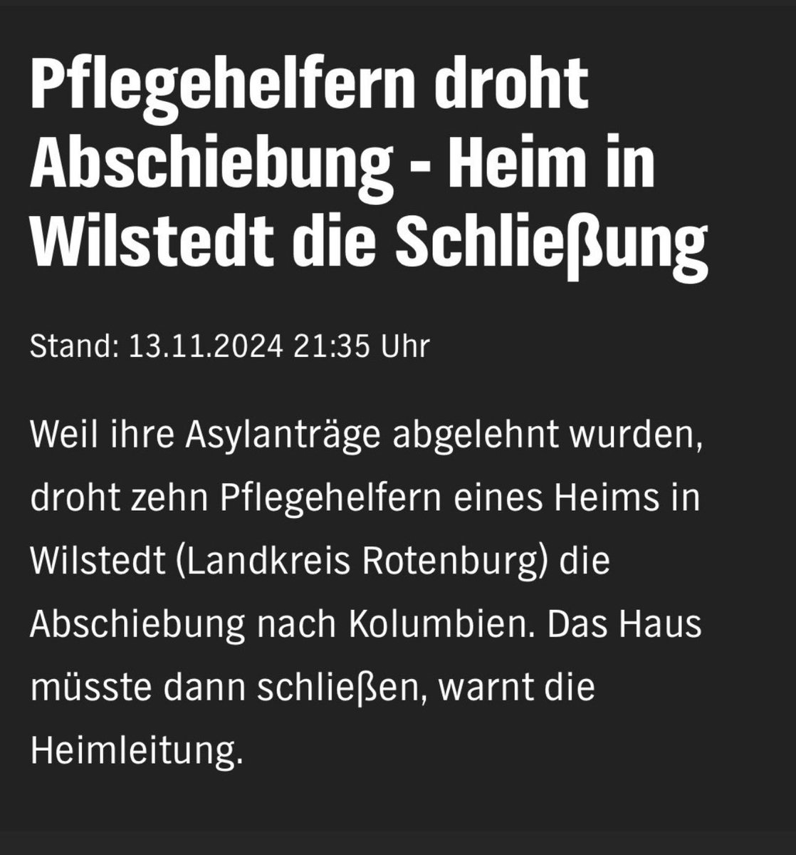 Deutsche Politik: wir müssen „im großen Stil abschieben“. 

Auch deutsche Politik: das ist echt ärgerlich, das jetzt das Pflegeheim geschlossen werden muss, weil wir alle Pflegehelfer abgeschoben haben.