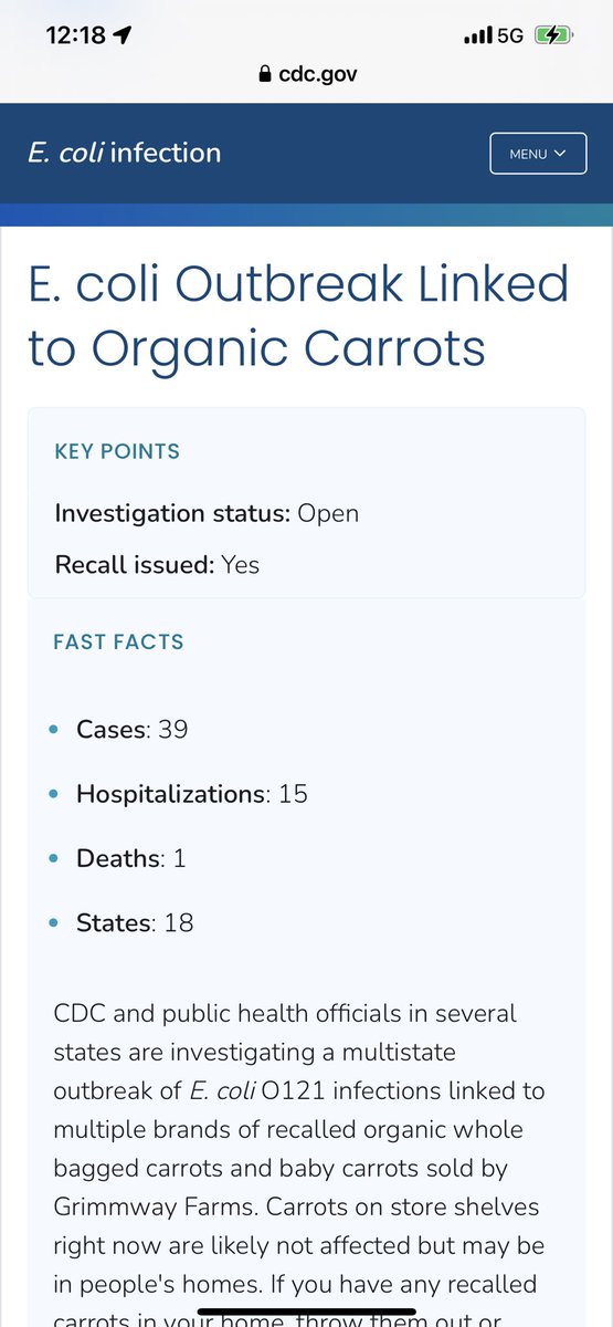 🔴39 people in 18 states have been sickened in a new deadly E. coli outbreak due to carrots.
🔴 Oklahoma is the only state in the United States that cannot do foodborne illness tracking testing.