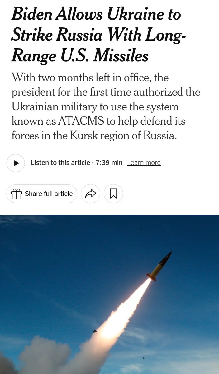 ❗️Information appeared that President Biden has authorized the first use of U.S.-supplied long-range missiles by Ukraine for strikes inside Russia - New York Times, quoting U.S. officials.

The weapons are likely to be initially employed against Russian and North Korean troops in