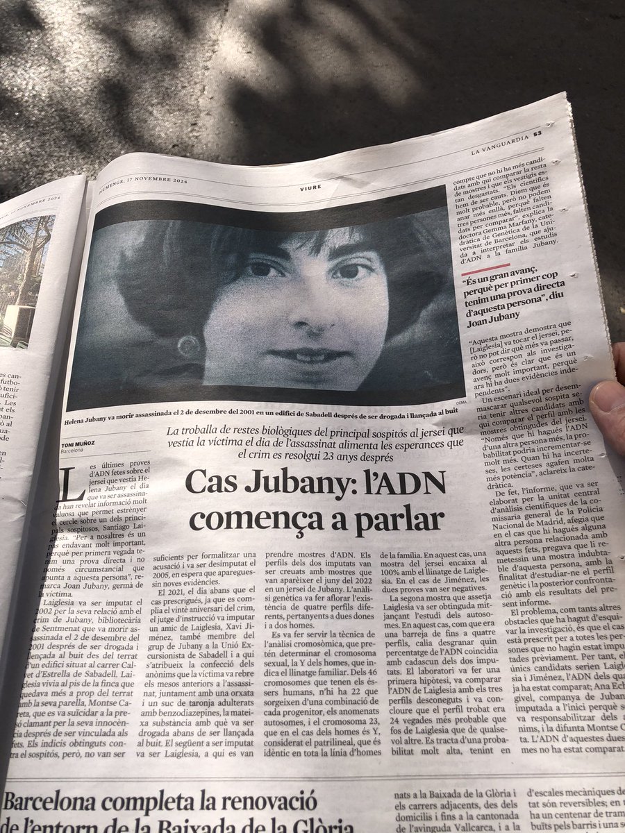 Encertat titular d’en <a href="/tonimunoz/">Toni Muñoz</a> a <a href="/LaVanguardia/">La Vanguardia</a> d’avui: “Cas Jubany: l’ADN comença a parlar”

A l’article, la <a href="/GMarfanyN/">Gemma Marfany Nadal</a> ens ajuda a entendre el (per a neòfits) complex món de l’ADN