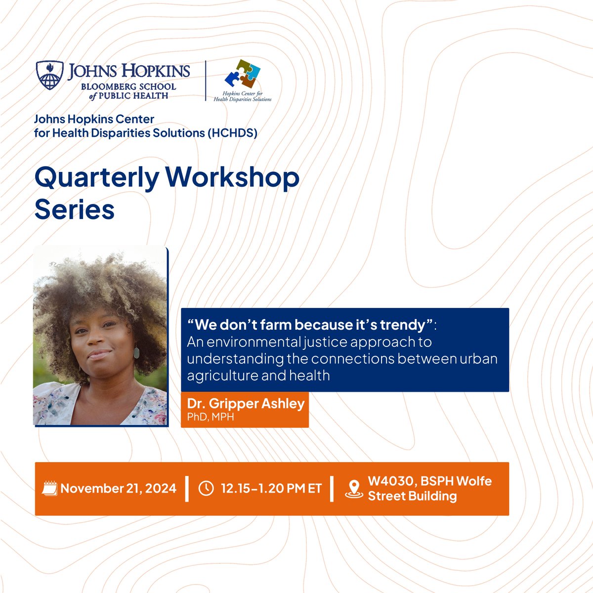 BSPH / HPM (@bsph_hpm) on Twitter photo Join <a href="/HPRScholars/">Health Policy Research Scholars (HPRS)</a> Alum <a href="/DoctaGrip/">Ashley B. Gripper</a> for a workshop inspired by her award-winning dissertation topic: an environmental justice approach to understanding the connections between urban agriculture and health.
📍 11/21 | 12:15pm | 615 N Wolfe St
📍 Learn more: healthpolicyresearch-scholars.org/scholars/ashle… Join <a href="/HPRScholars/">Health Policy Research Scholars (HPRS)</a> Alum <a href="/DoctaGrip/">Ashley B. Gripper</a> for a workshop inspired by her award-winning dissertation topic: an environmental justice approach to understanding the connections between urban agriculture and health.
📍 11/21 | 12:15pm | 615 N Wolfe St
📍 Learn more: healthpolicyresearch-scholars.org/scholars/ashle…