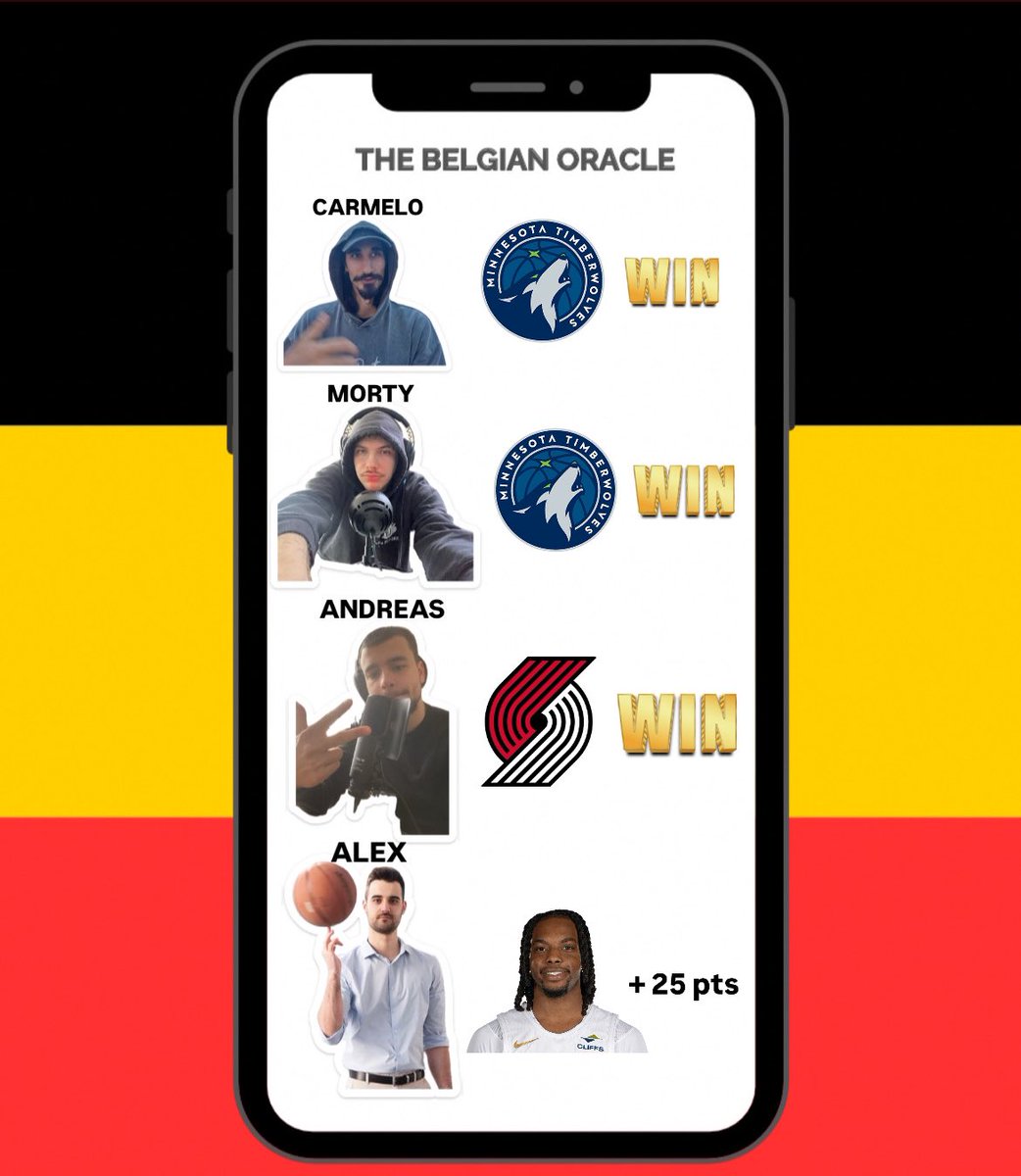 Thebelgianb's tweet photo. THE BELGIAN ORACLE 🏀🇧🇪
Melo et Morty s’allient derrière Minnesota pendant qu’Andreas soutient les Blazers de Toumani et Alex se range derrière un Garland, en l’absence de Mitchell….
Vers quel #team vous tournez-vous ce soir? ⏳👇