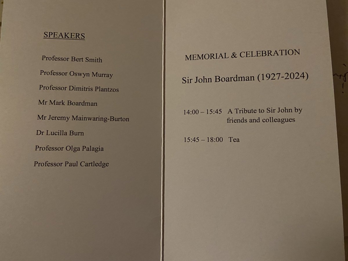 Lucia Nixon (@lucianixon) on Twitter photo Memorial for Sir John Boardman at Lincoln College <a href="/UniofOxford/">University of Oxford</a> yesterday. Picture shows list of speakers: Bert Smith, Oswyn Murray, Dimitris Plantzos, Mark Boardman, Jeremy Burton, Lucilla Burn, Olga Palagia, Paul Cartledge. Organised by Bert Smith & Maria Stamatopoulou Memorial for Sir John Boardman at Lincoln College <a href="/UniofOxford/">University of Oxford</a> yesterday. Picture shows list of speakers: Bert Smith, Oswyn Murray, Dimitris Plantzos, Mark Boardman, Jeremy Burton, Lucilla Burn, Olga Palagia, Paul Cartledge. Organised by Bert Smith & Maria Stamatopoulou