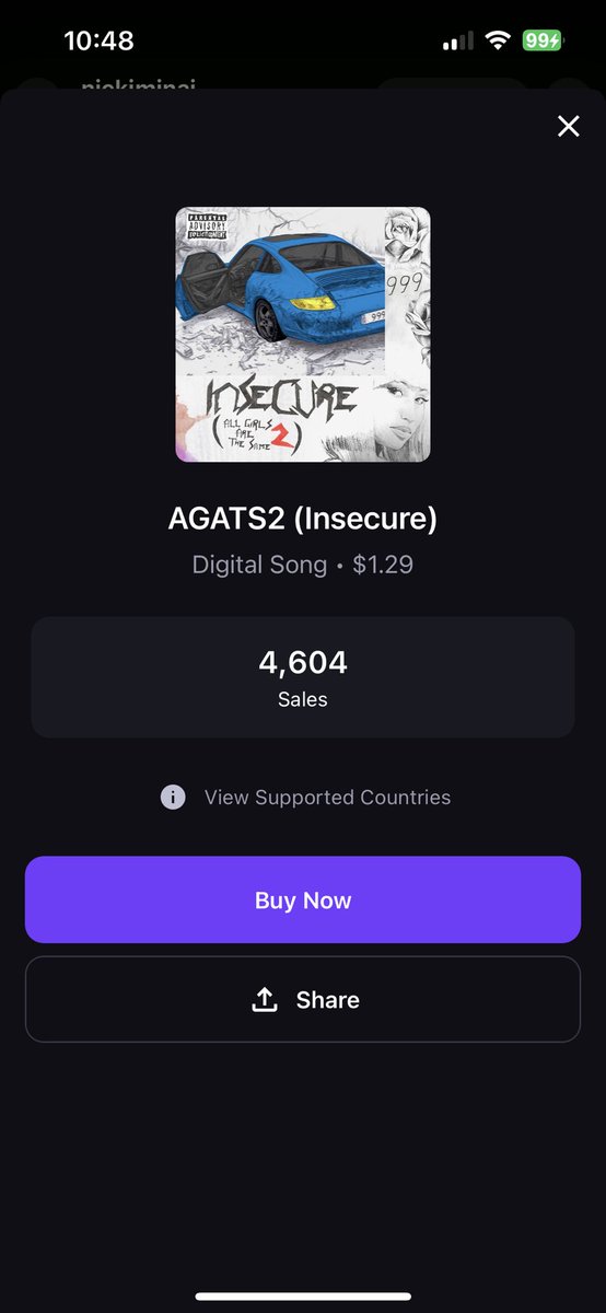 vegetabarb's tweet photo. @NICKIMINAJ Barbz!! Lets goo! Only 390 sales left !! #Insecure #AGATS https://t.co/3Zk25cJogD