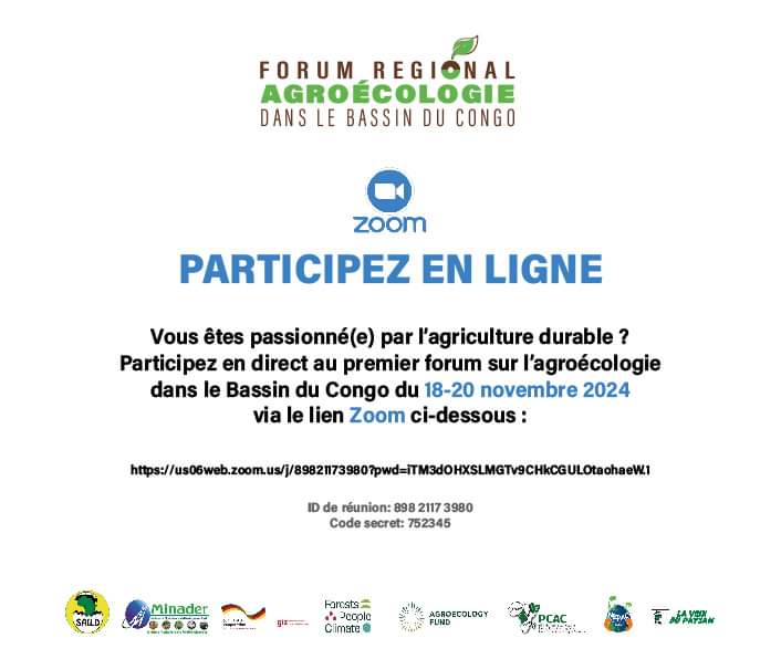 Le premier Forum sur l'agroécologie dans le Bassin du Congo commence dans quelques heures... Pour participer, je clique ici : us06web.zoom.us/j/89821173980?… 
ID de réunion : 898 2117 3980
Code secret : 752345