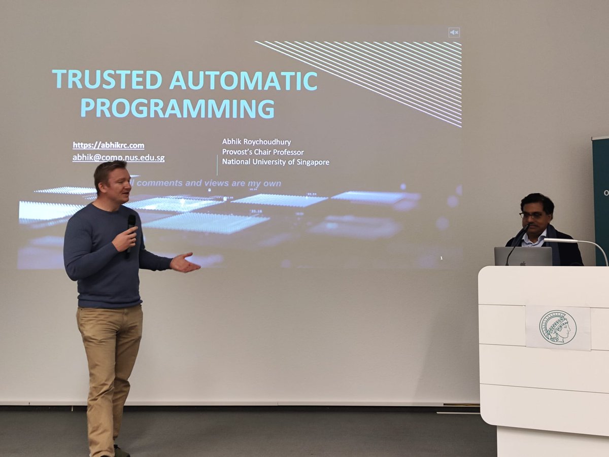 AbhikRoychoudh1's tweet image. Delighted to visit Max Planck Institute (MPI) for Security and Privacy in Germany, and give a MPI Distinguished Lecture on Trusted Automatic Programming, hosted by none other than @mboehme_ - who apart from all his tremendous research accomplishments in software security shares…