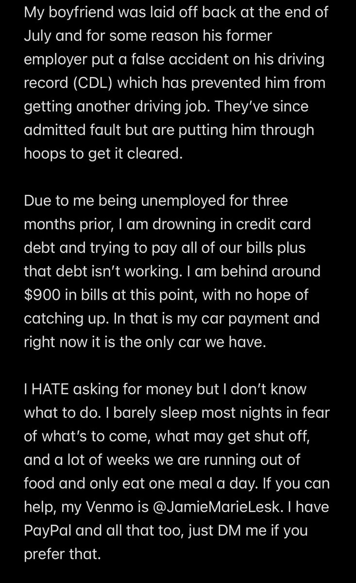 Please read and share.

I really am at a loss right now. I’ve tried to get part time jobs since getting a better paying full time job has turned into a nightmare, but no bites.