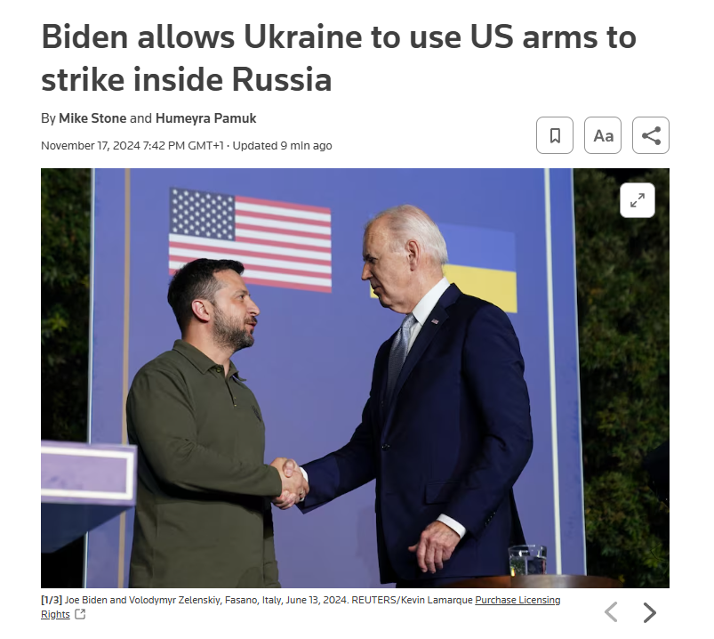 NOELreports's tweet photo. Reuters also confirms the story about Biden allowing Ukraine to use US arms to strike inside Russia, citing three sources familiar with the matter. Ukraine plans to conduct its first long-range attacks in the coming days.

https://t.co/mYno18qGdv https://t.co/bJhtACK2kE