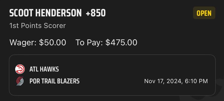 Today’s play 🏀

Scoot Henderson +850 (DraftKings) ✅

Really good value in Scoot here. He took first team FGA in 39% of his starts last year, and cashed first basket in 18% of his starts 👀

#GamblingX #FirstBasket