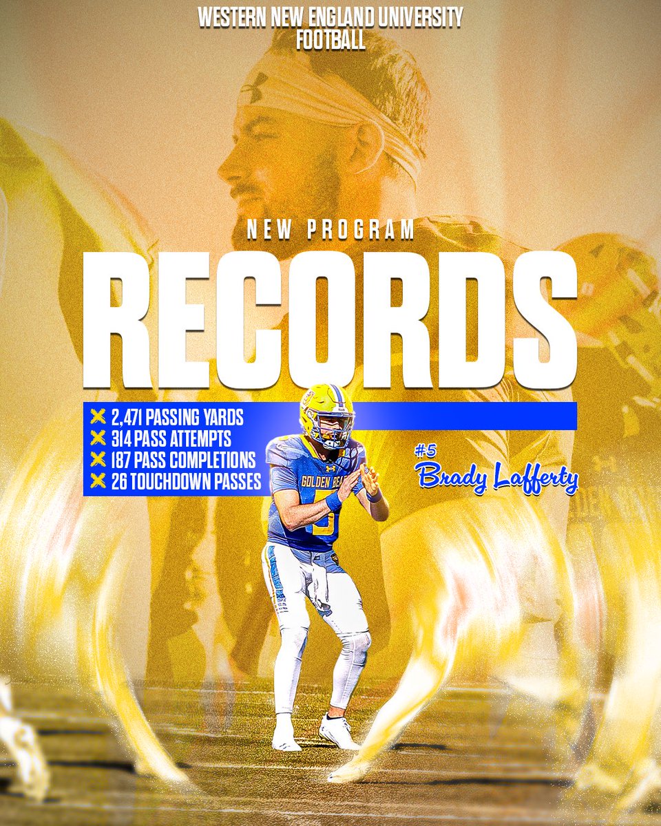 Single Season QB Records = SMASHED 🔨🔨

<a href="/WNEFB/">WNE Football</a>’s Brady Lafferty put up some individual program records this season!

➡️ Passing attempts: 314
➡️ Pass Completions: 187
➡️ Passing Yards: 2,471
➡️ Touchdown Passes: 26

Congratulations, Brady! 🏈💪

#PaintItGold 🏈