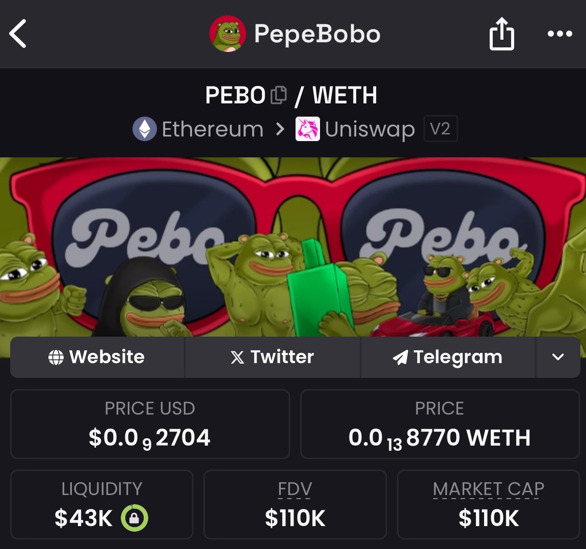 The core is holding very firmly. 110k absolutely underrated. hop in and hold your supply. ath 320k and a lot of room for improvement. alfa website, alfa contract, alfa chads. narrative is bullish af! Pebo is a unique character. $PEBO 💎

1ETH Lp-add 🔫
3% already burned 🔥