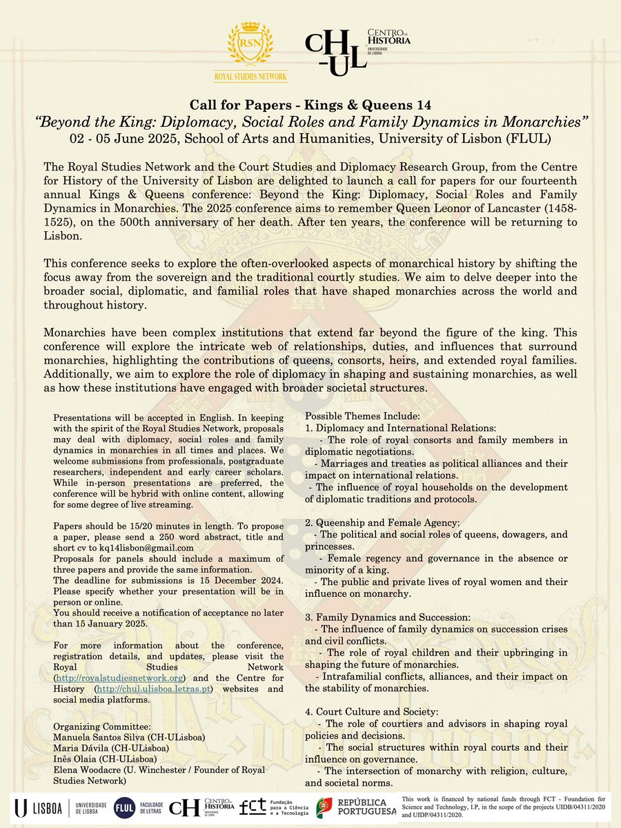 The deadline for the Call for Papers for Kings and Queens 14 is quickly approaching! 📝 You only have 4 more weeks until proposals are due 🚨
 
🧵/3