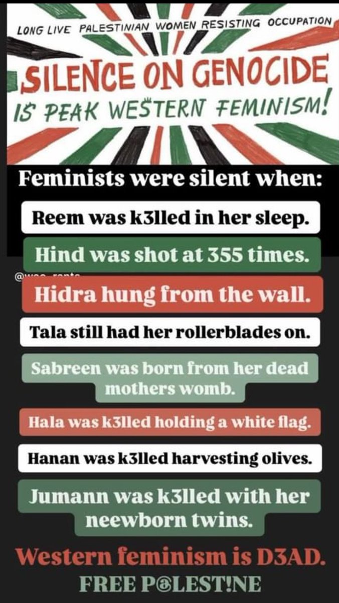 tiberiusfiles's tweet photo. Feminism that doesn’t include Palestinian women and girls isn’t any feminism that’s worth a damn https://t.co/4zsxJC6j1u