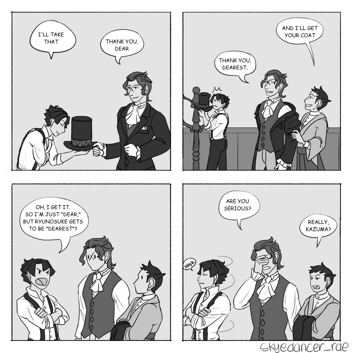 skyedancer_rae's tweet image. TGAA 2 Spoilers.
A little asbrry/brasry/rybras comic. Wherein Barok makes the mistake of using "dear" and "dearest" too close in succession and Kazuma is petty.