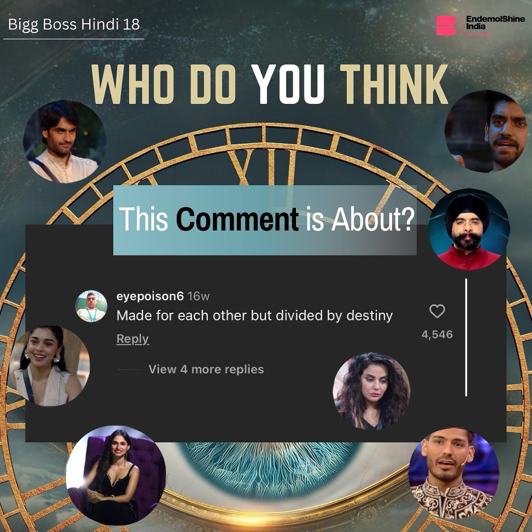 Endemol Shine India (@endemolshineind) on Twitter photo Can you guess who's the perfect match, yet separated by fate?
Let’s hear your views in the comment below 👇🏻
#BiggBoss18 #bb #BiggBoss #endemolshineindia
<a href="/VivianDsena01/">Vivian Dsena</a> <a href="/EishaSingh24/">Eisha Singh</a> <a href="/Avinash_galaxy/">Avinash Mishra</a> @DigvijayRathees <a href="/TajinderBagga/">Tajinder Bagga</a> <a href="/sarakhan811/">Sara Arfeen Khan</a> #kashishkapoor Can you guess who's the perfect match, yet separated by fate?
Let’s hear your views in the comment below 👇🏻
#BiggBoss18 #bb #BiggBoss #endemolshineindia
<a href="/VivianDsena01/">Vivian Dsena</a> <a href="/EishaSingh24/">Eisha Singh</a> <a href="/Avinash_galaxy/">Avinash Mishra</a> @DigvijayRathees <a href="/TajinderBagga/">Tajinder Bagga</a> <a href="/sarakhan811/">Sara Arfeen Khan</a> #kashishkapoor