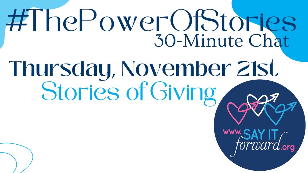 AwakeningYourTrueSelf (@awakeningtrue) on Twitter photo Wonderful #SpiritChat friends, if you have time this Thursday, please join us at <a href="/SayItForwardNow/">SayItForward.org 💙🤍💜</a>’s #ThePowerOfStories💜chat.
At 11am EST… 10am CST... 9am MST... 8am PDT... 4pm UCT/GMT/WET… 5pm WAT/CET... 6pm CAT/EET/SAST… 7pm EAT… 9:30pm IST Wonderful #SpiritChat friends, if you have time this Thursday, please join us at <a href="/SayItForwardNow/">SayItForward.org 💙🤍💜</a>’s #ThePowerOfStories💜chat.
At 11am EST… 10am CST... 9am MST... 8am PDT... 4pm UCT/GMT/WET… 5pm WAT/CET... 6pm CAT/EET/SAST… 7pm EAT… 9:30pm IST